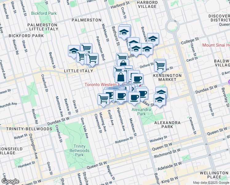 map of restaurants, bars, coffee shops, grocery stores, and more near 189 Palmerston Avenue in Toronto