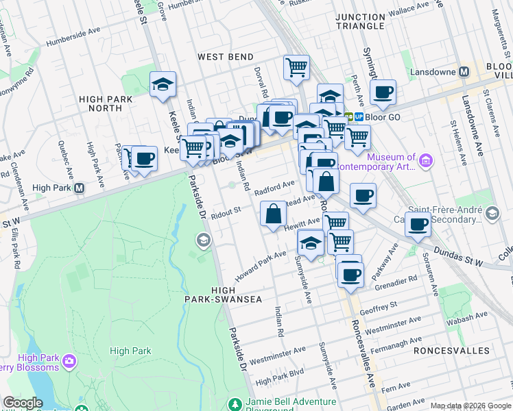 map of restaurants, bars, coffee shops, grocery stores, and more near in Toronto