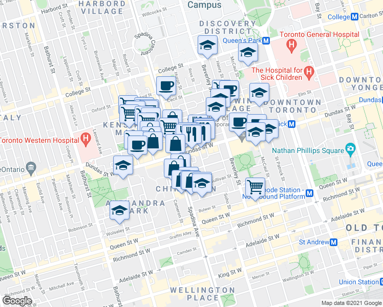 map of restaurants, bars, coffee shops, grocery stores, and more near 469 Dundas Street West in Toronto