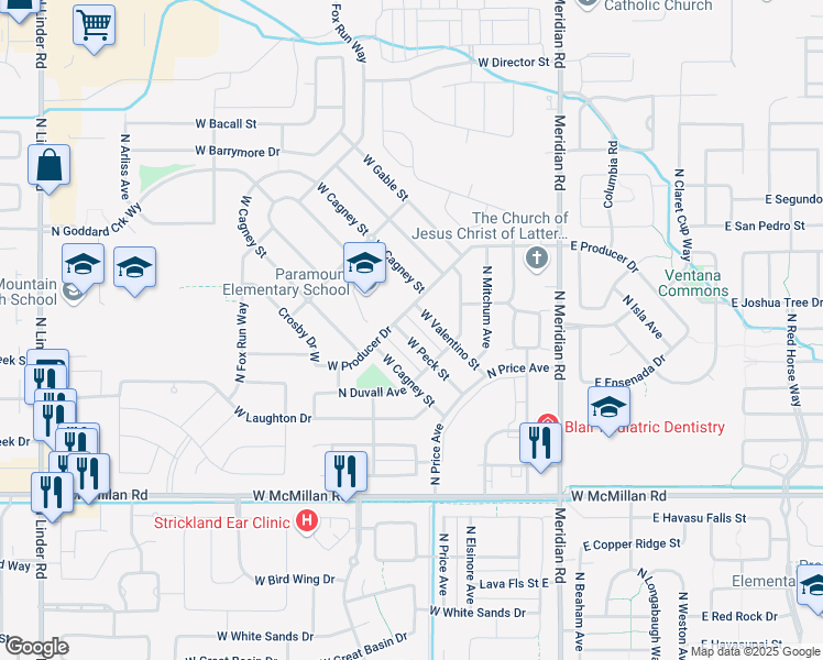 map of restaurants, bars, coffee shops, grocery stores, and more near 487 West Producer Drive in Meridian