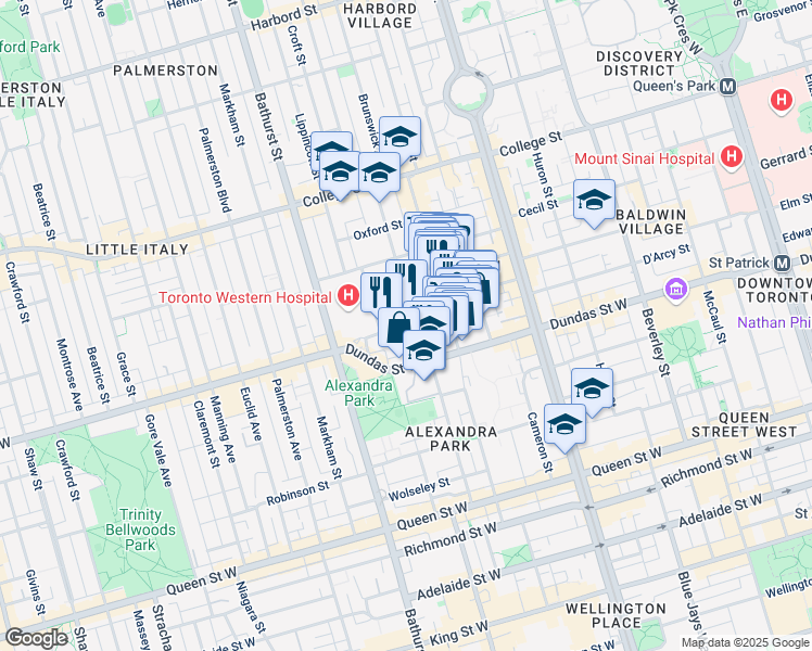 map of restaurants, bars, coffee shops, grocery stores, and more near Wales Avenue in Toronto