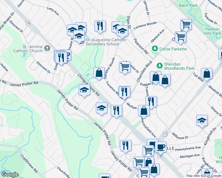 map of restaurants, bars, coffee shops, grocery stores, and more near 171 Torrance Woods in Brampton