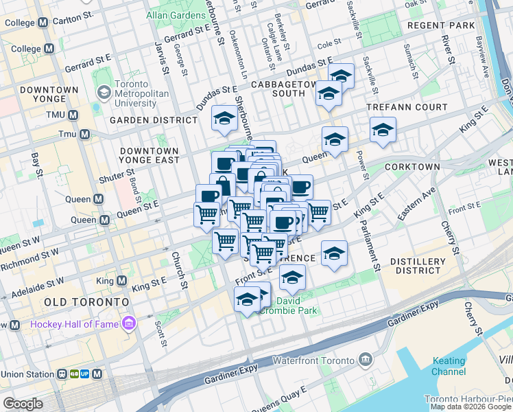 map of restaurants, bars, coffee shops, grocery stores, and more near 287 Richmond Street East in Toronto