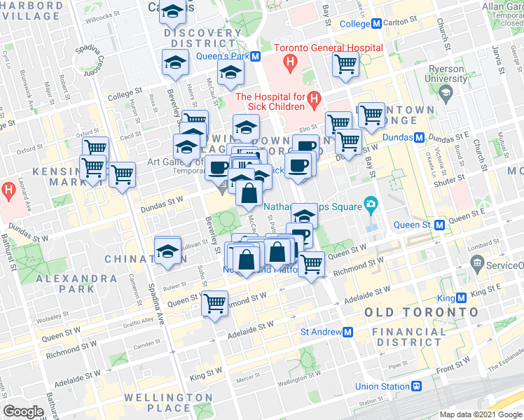 map of restaurants, bars, coffee shops, grocery stores, and more near 96 Saint Patrick Street in Toronto
