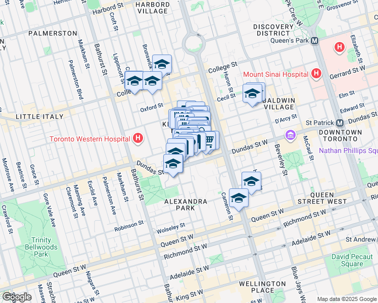 map of restaurants, bars, coffee shops, grocery stores, and more near 167 Augusta Avenue in Toronto