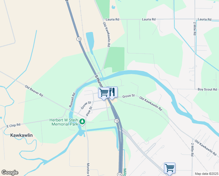 map of restaurants, bars, coffee shops, grocery stores, and more near 200 Old Kawkawlin Road in Kawkawlin