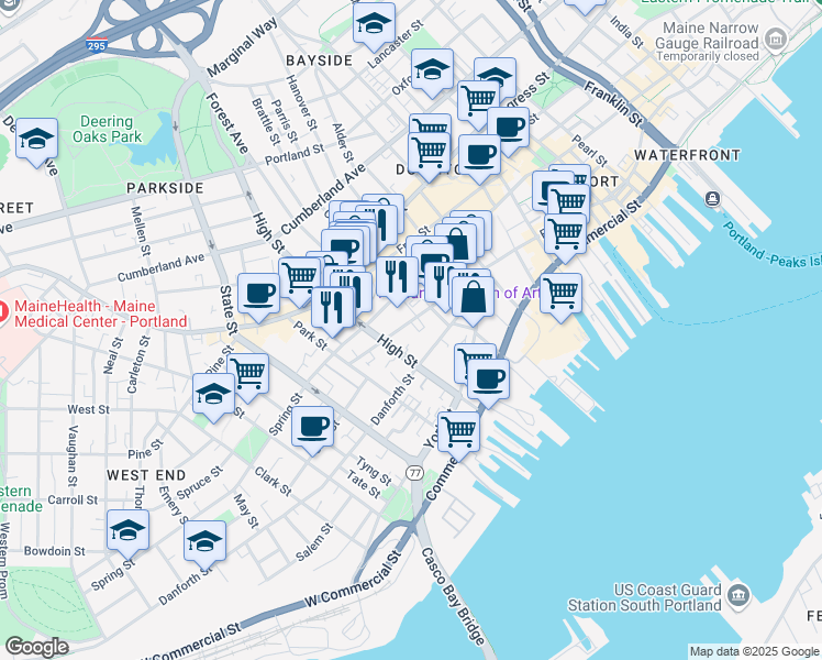 map of restaurants, bars, coffee shops, grocery stores, and more near 88 Pleasant Street in Portland