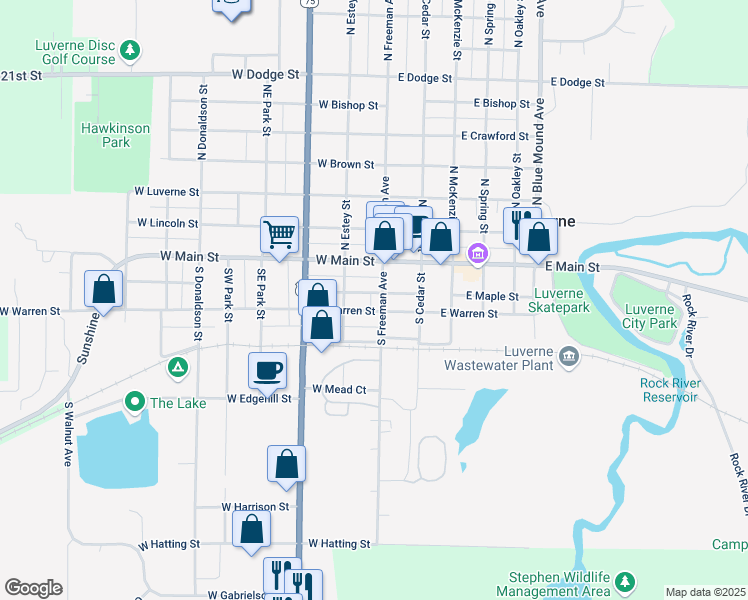 map of restaurants, bars, coffee shops, grocery stores, and more near 200 South Freeman Avenue in Luverne