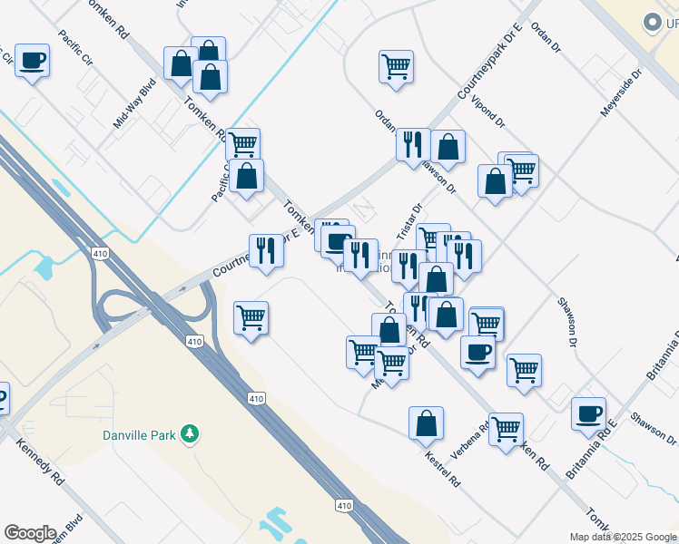 map of restaurants, bars, coffee shops, grocery stores, and more near 6380 Tomken Road in Mississauga
