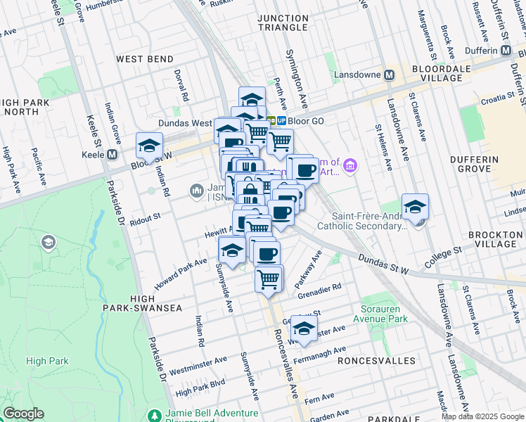 map of restaurants, bars, coffee shops, grocery stores, and more near 2163 Dundas Street West in Toronto