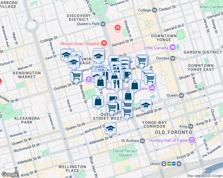 map of restaurants, bars, coffee shops, grocery stores, and more near in Toronto
