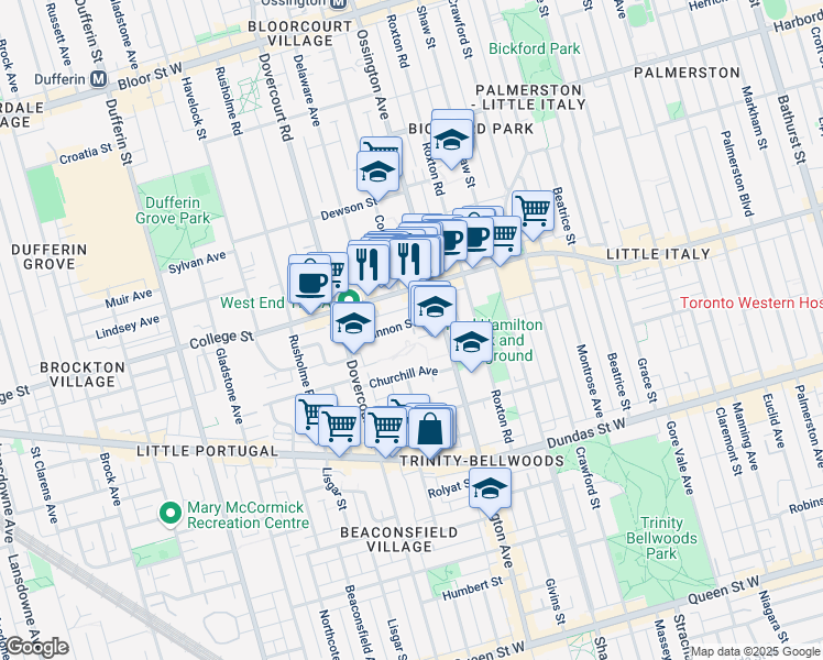 map of restaurants, bars, coffee shops, grocery stores, and more near 29 Shannon Street in Toronto