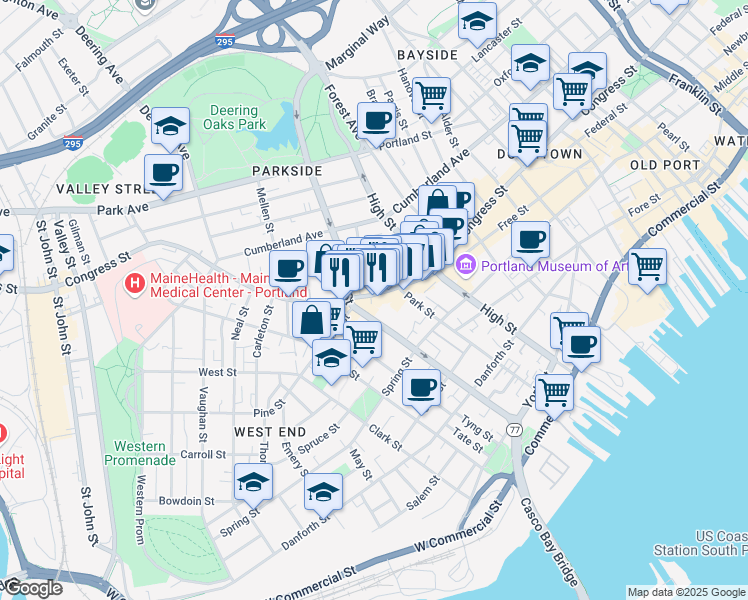 map of restaurants, bars, coffee shops, grocery stores, and more near 660 Congress Street in Portland