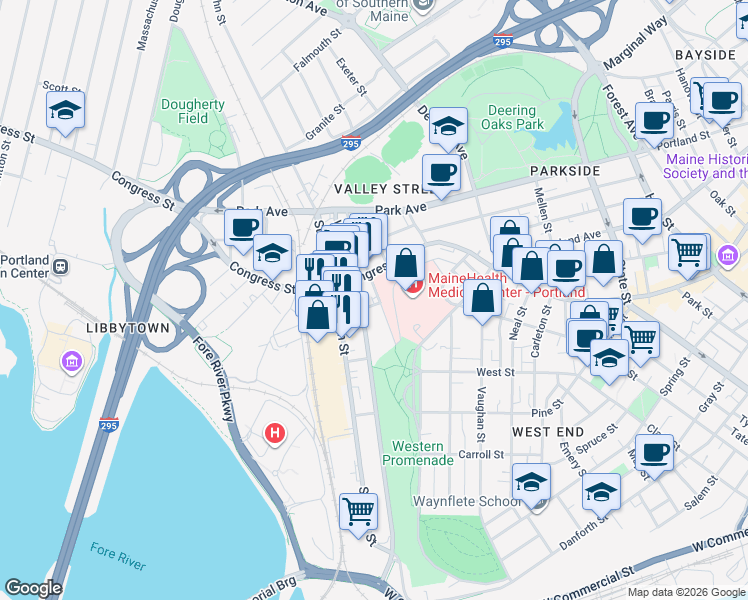 map of restaurants, bars, coffee shops, grocery stores, and more near 44 Gilman Street in Portland