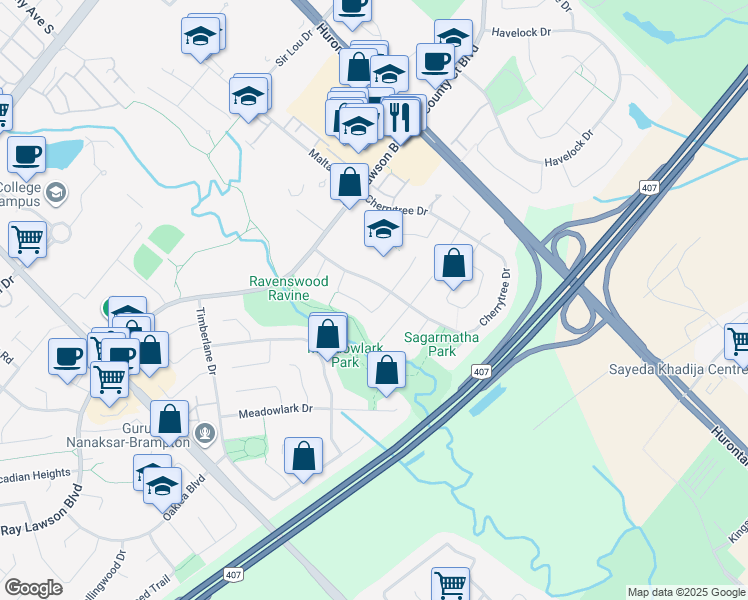 map of restaurants, bars, coffee shops, grocery stores, and more near 5 Rembrandt Crescent in Brampton