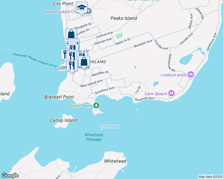 map of restaurants, bars, coffee shops, grocery stores, and more near 59 Seashore Avenue in Portland