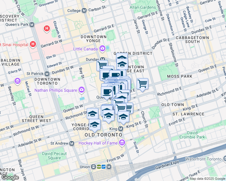 map of restaurants, bars, coffee shops, grocery stores, and more near 189 Yonge Street in Toronto