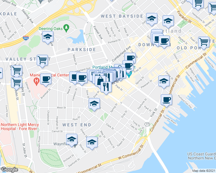 map of restaurants, bars, coffee shops, grocery stores, and more near 660 Congress Street in Portland