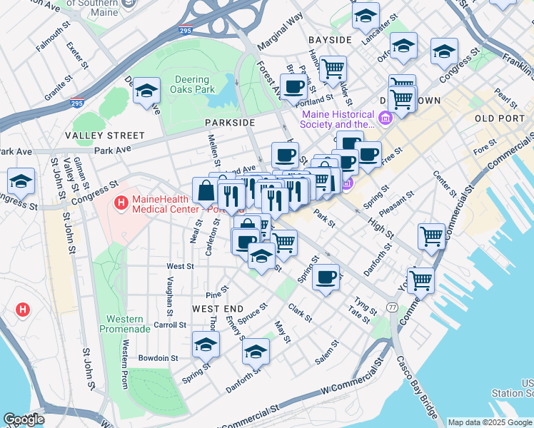 map of restaurants, bars, coffee shops, grocery stores, and more near 684a Congress Street in Portland