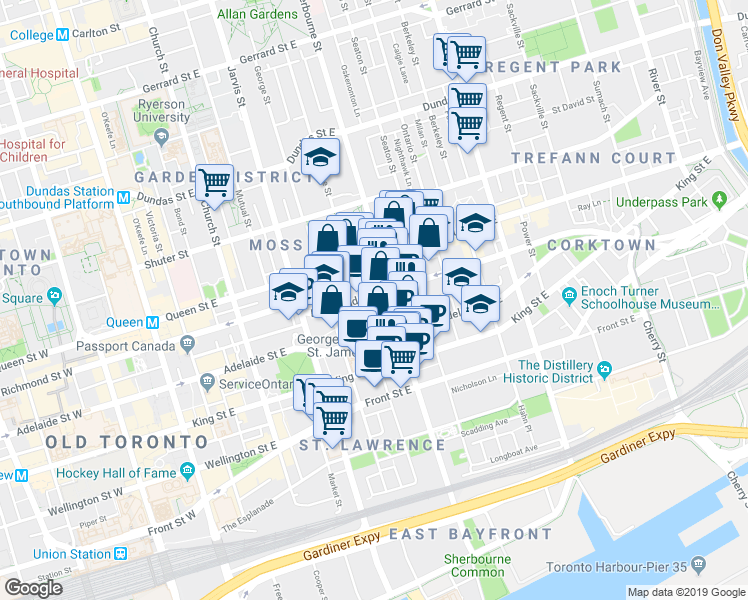 map of restaurants, bars, coffee shops, grocery stores, and more near 298 Richmond Street East in Toronto