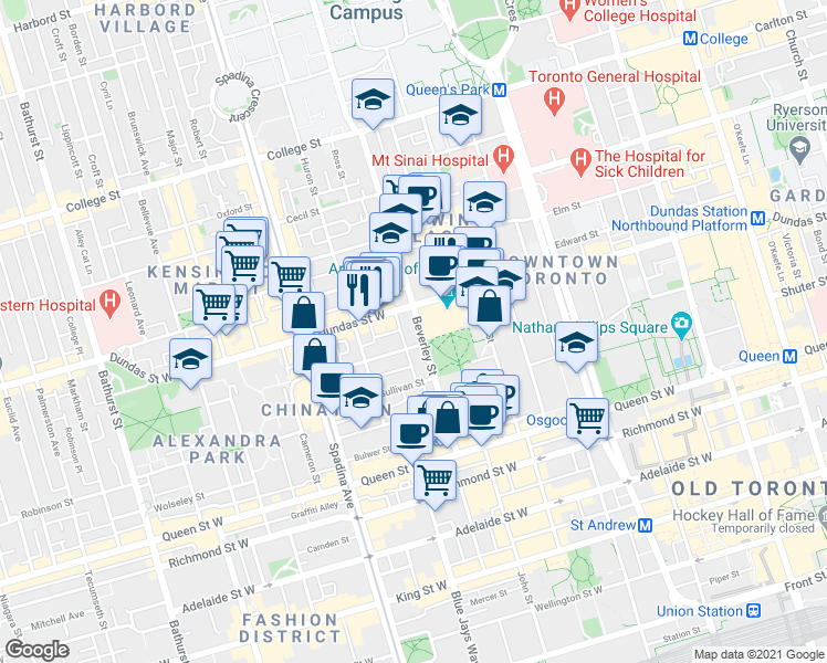 map of restaurants, bars, coffee shops, grocery stores, and more near in Toronto
