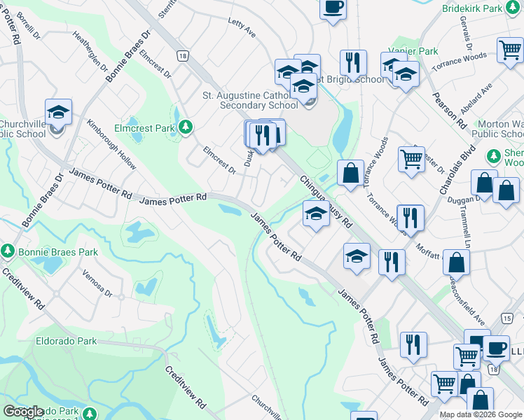 map of restaurants, bars, coffee shops, grocery stores, and more near 72 Aspen Hills Road in Brampton