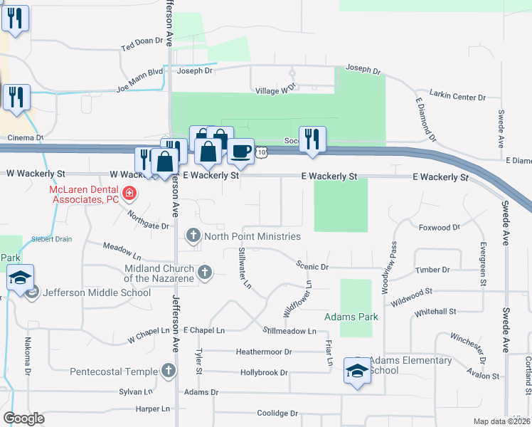 map of restaurants, bars, coffee shops, grocery stores, and more near 6106 Peachtree Circle in Midland