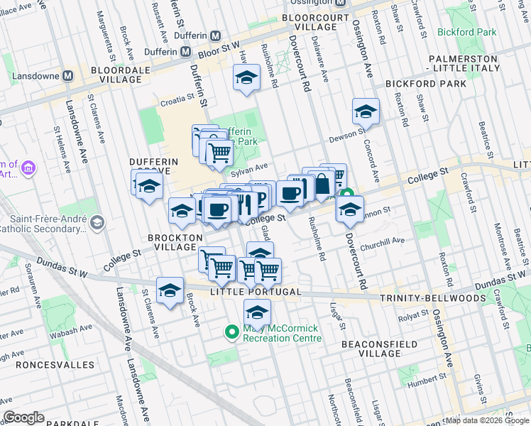 map of restaurants, bars, coffee shops, grocery stores, and more near 1064 College Street in Toronto
