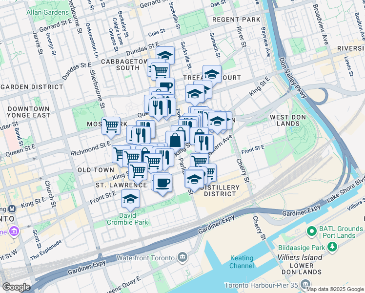 map of restaurants, bars, coffee shops, grocery stores, and more near in Toronto