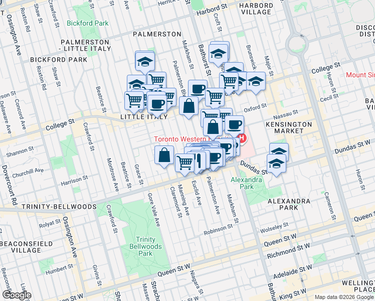 map of restaurants, bars, coffee shops, grocery stores, and more near 275 Euclid Avenue in Toronto