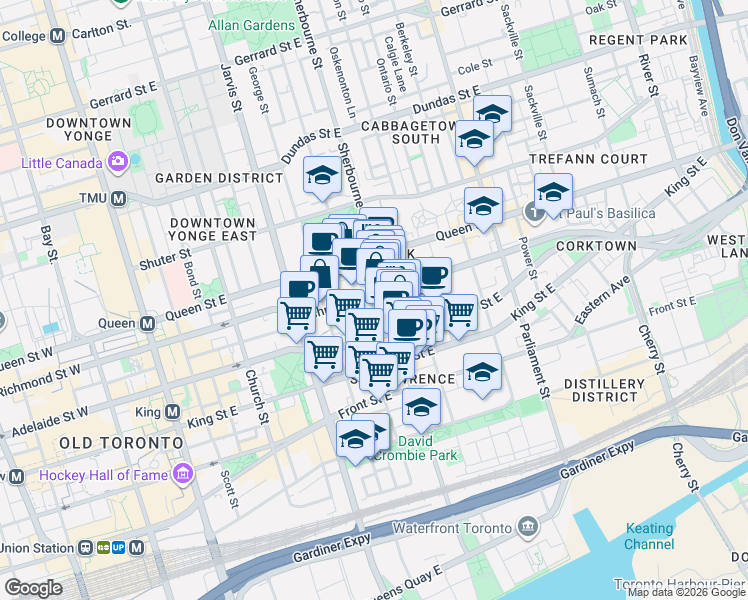map of restaurants, bars, coffee shops, grocery stores, and more near 311 Richmond Street East in Toronto