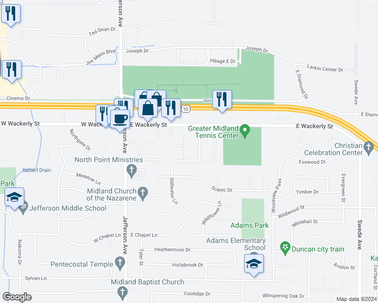 map of restaurants, bars, coffee shops, grocery stores, and more near 6106 Peachtree Circle in Midland