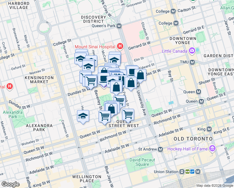 map of restaurants, bars, coffee shops, grocery stores, and more near 89 McCaul Street in Toronto