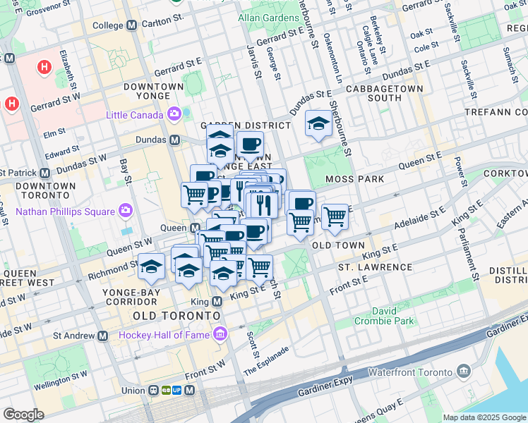 map of restaurants, bars, coffee shops, grocery stores, and more near 65 Queen Street East in Toronto