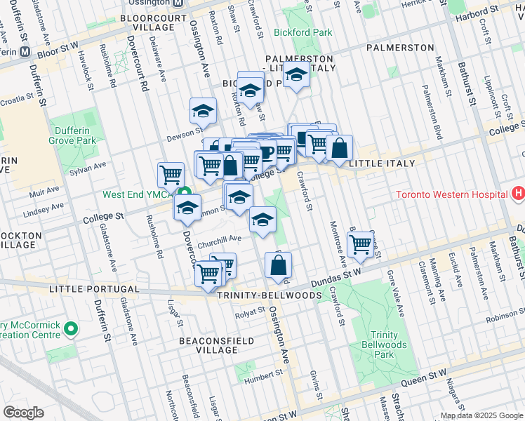 map of restaurants, bars, coffee shops, grocery stores, and more near 158 Roxton Road in Toronto