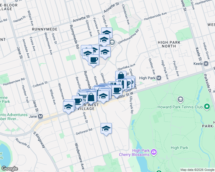 map of restaurants, bars, coffee shops, grocery stores, and more near 45 Glendonwynne Road in Toronto