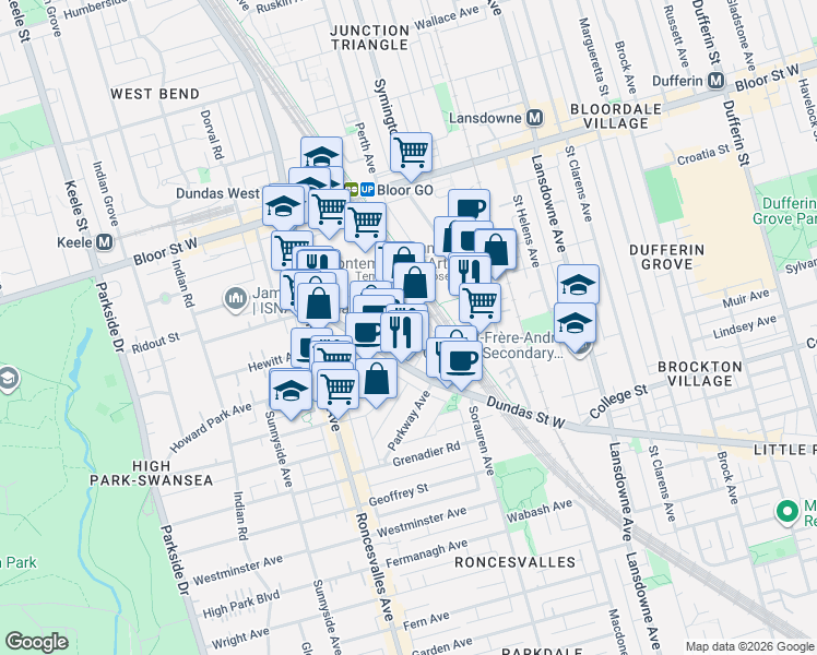 map of restaurants, bars, coffee shops, grocery stores, and more near 28 Silver Avenue in Toronto