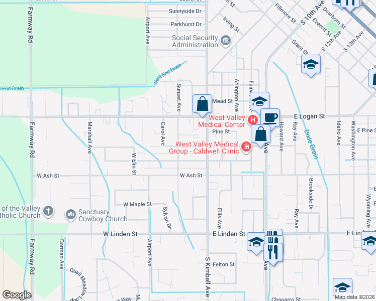 map of restaurants, bars, coffee shops, grocery stores, and more near 215 West Elm Street in Caldwell