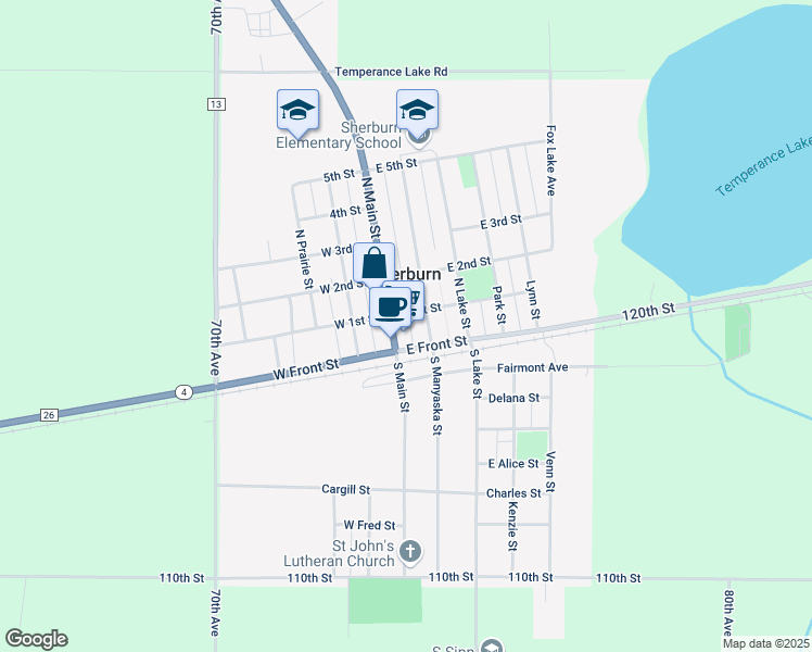 map of restaurants, bars, coffee shops, grocery stores, and more near 26 North Main Street in Sherburn