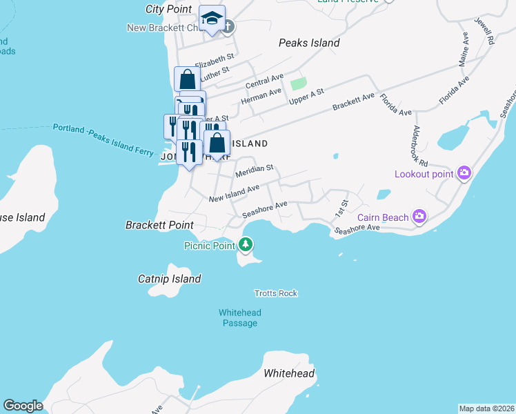 map of restaurants, bars, coffee shops, grocery stores, and more near 30 Seashore Avenue in Portland