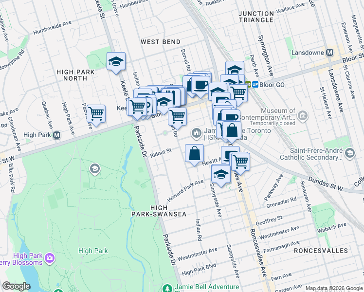map of restaurants, bars, coffee shops, grocery stores, and more near 291 Indian Road in Toronto