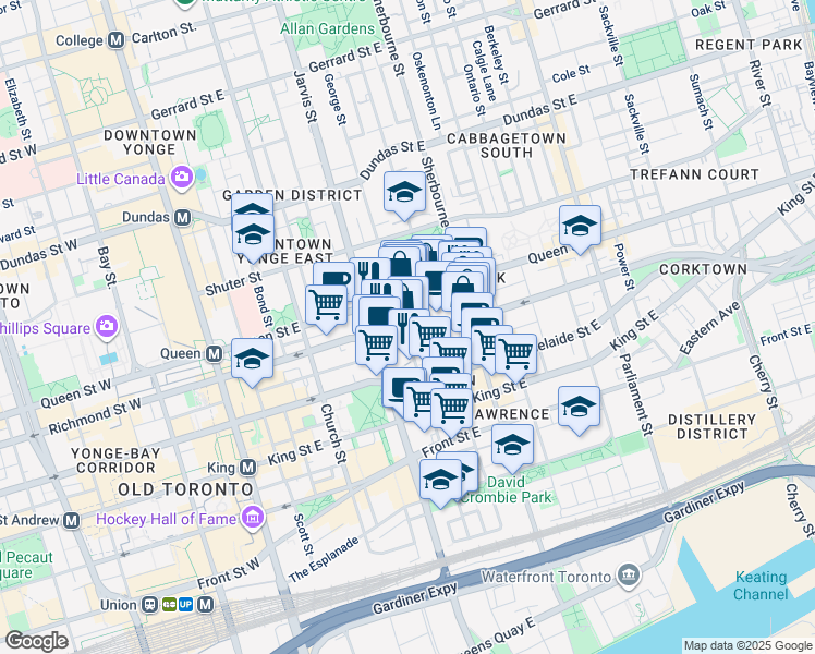 map of restaurants, bars, coffee shops, grocery stores, and more near 139 George Street in Toronto
