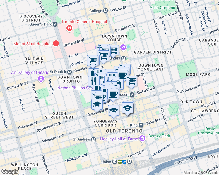 map of restaurants, bars, coffee shops, grocery stores, and more near 483 Bay Street in Markham