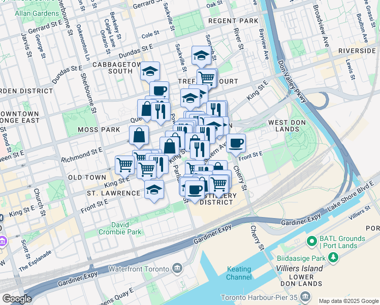 map of restaurants, bars, coffee shops, grocery stores, and more near 425 King Street East in Toronto
