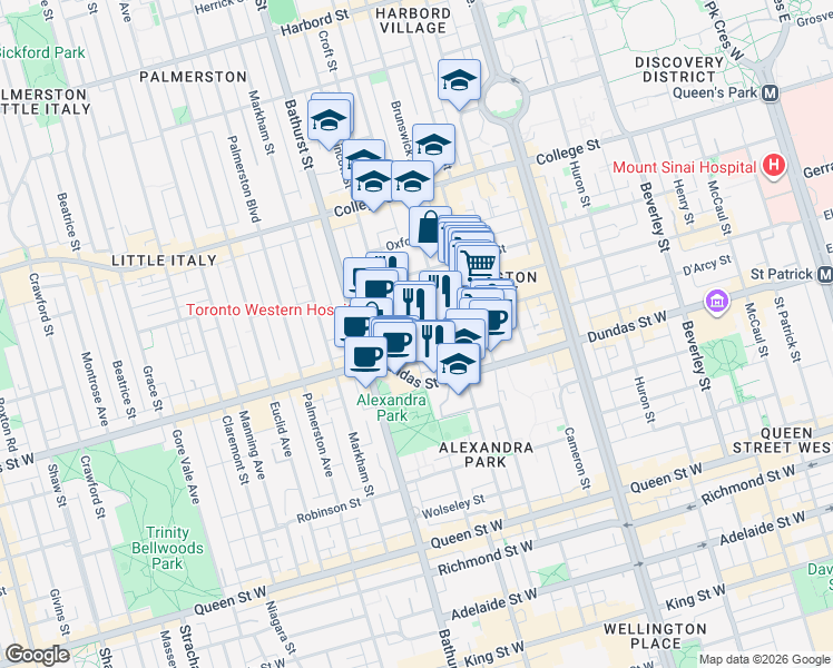 map of restaurants, bars, coffee shops, grocery stores, and more near 1 A Leonard Avenue in Toronto