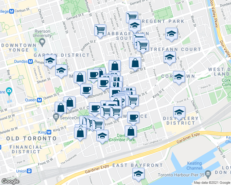 map of restaurants, bars, coffee shops, grocery stores, and more near 323 Richmond Street East in Toronto