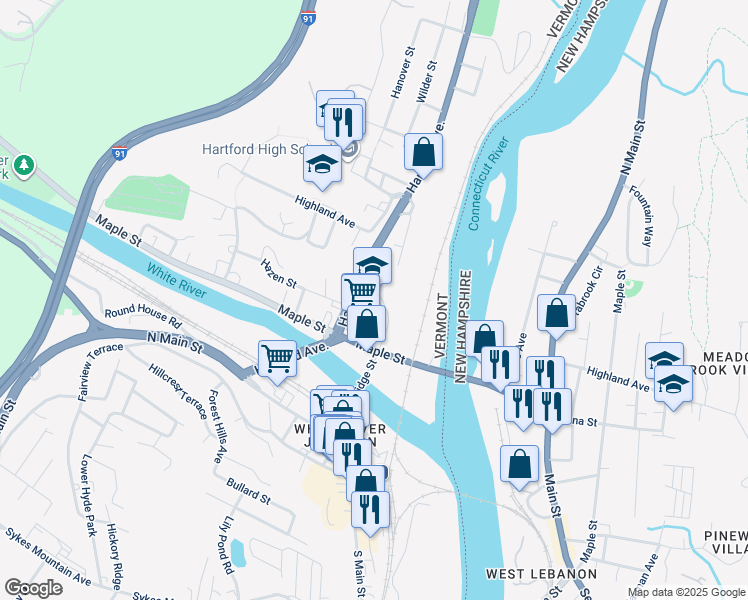 map of restaurants, bars, coffee shops, grocery stores, and more near 102 Pine Street in Hartford