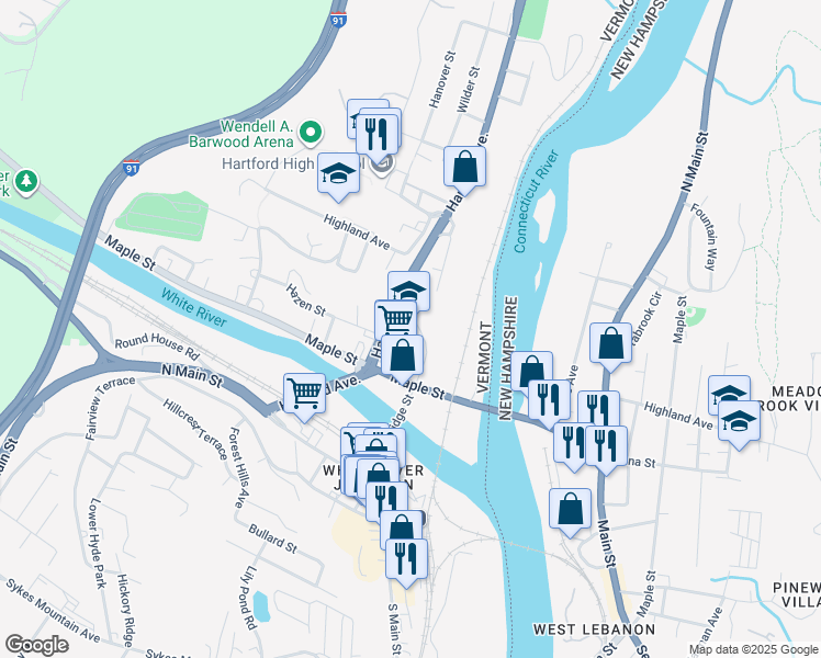 map of restaurants, bars, coffee shops, grocery stores, and more near 102 Pine Street in Hartford