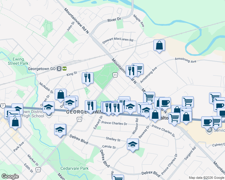 map of restaurants, bars, coffee shops, grocery stores, and more near 20 Harding Street in Halton Hills