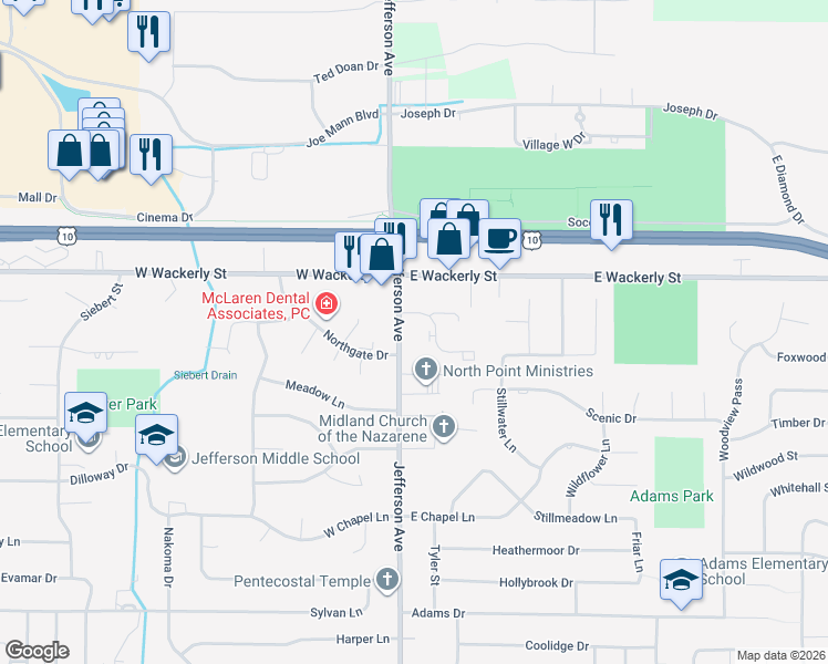 map of restaurants, bars, coffee shops, grocery stores, and more near 6102 Jefferson Avenue in Midland